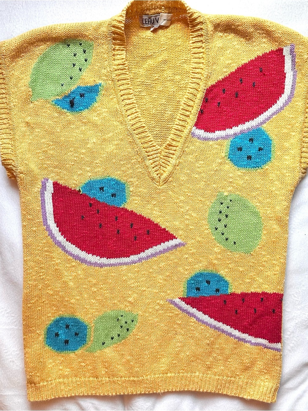 Vintage L’eau Vive Yellow Fruit V-neck Sweater Vest Womens S Watermelon Lime